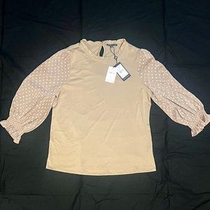 NWT - Adrianna Papell Women's Ruffle Neck Top with Dot Sleeve